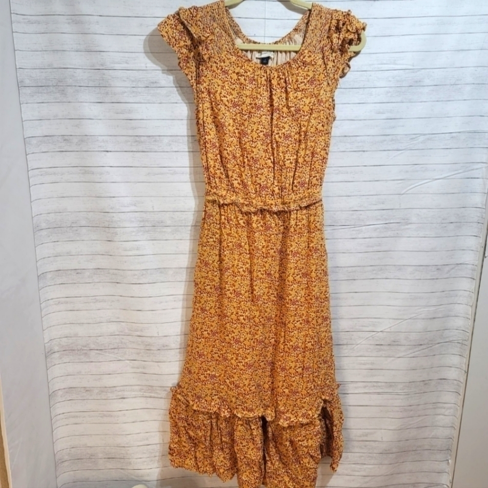 UNIVERSAL THREAD YELLOW FLORAL MIDI DRESS w RUFFLE SLEEVE & HEM, SZ SMALL
